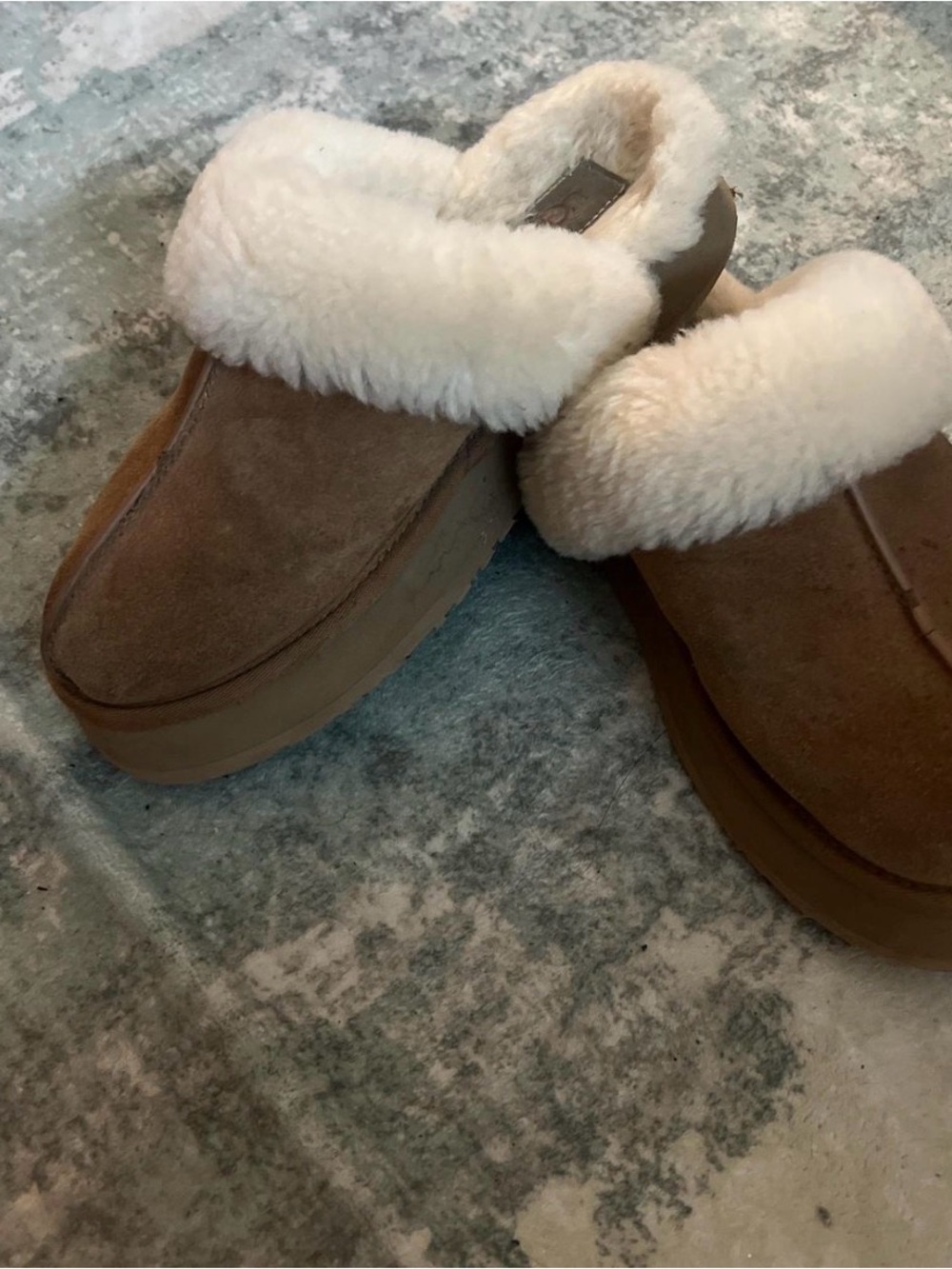 UGG Chestnut Suede Mule Slippers with Cream Shearling Trim